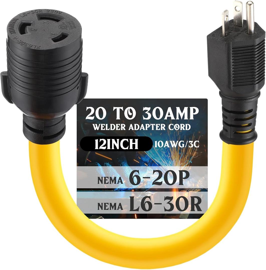 Tellegloww NEMA 6-20P to L6-30R Welder Adapter 20A 3 Prong Male Plug to 30A 3 Prong Locking Female Receptacle Dryer EV Charger Power Adapter STW 10 AWG, 1FT, ETL Listed
