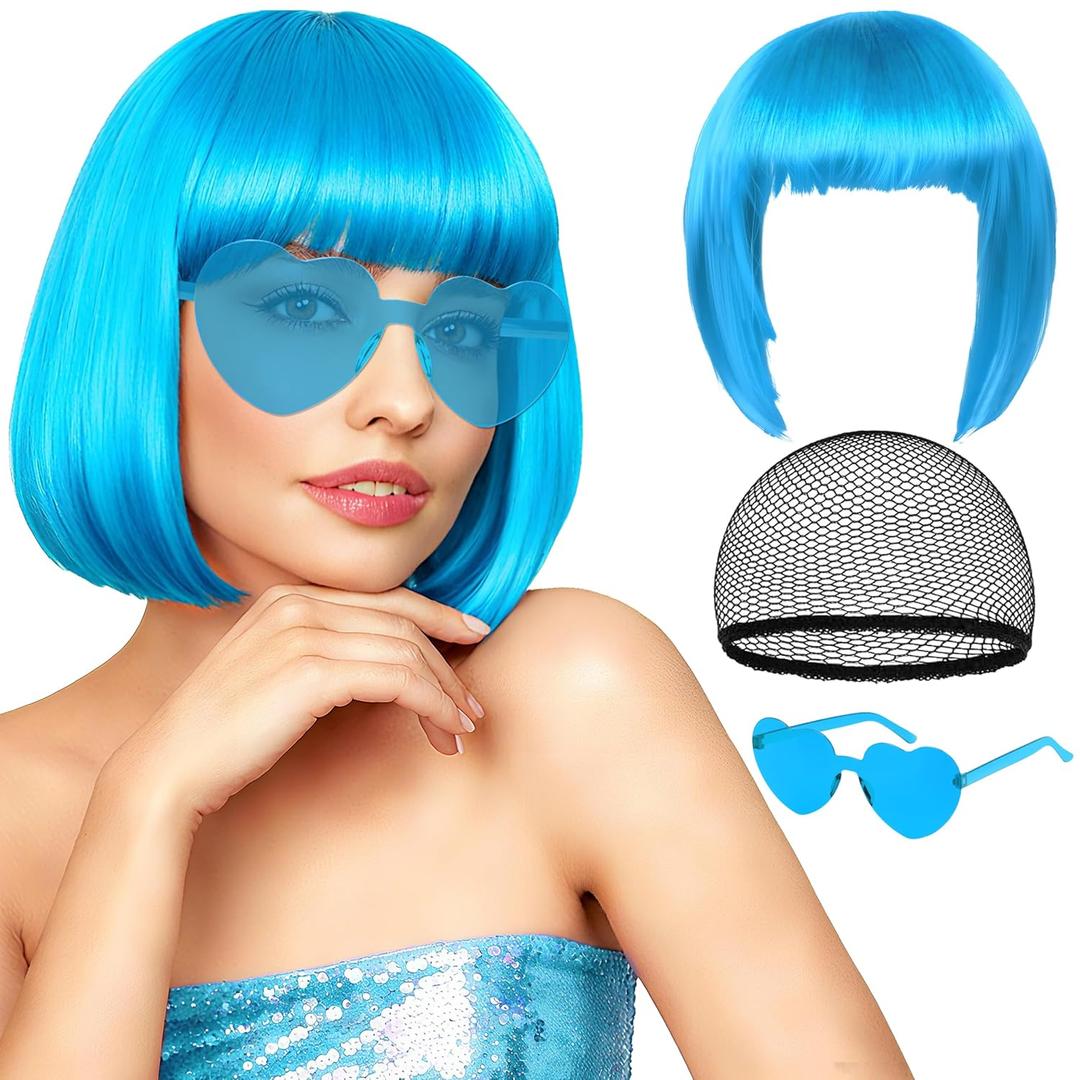 Sky Blue Short Bob Straight Hair Wigs with Bangs, 11inch Synthetic Heat Resistant Fiber Colorful Hair, Neon Heart-shaped Sunglasses and Wig Cap for Women, 80s 90s Costume, Halloween, Dress Up