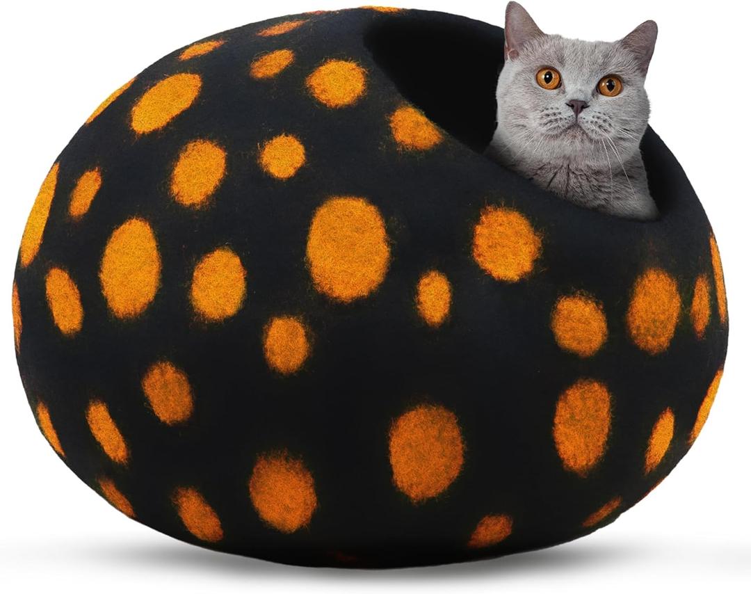 Woolygon Premium Felt Cat Cave Bed - Polka Dot Series - Wool Kitty Beds Handcrafted Kitten Caves Bed for Indoor Cats - Eco-Friendly Merino Wool, Foldable Cat Hideaway Cat Houses (Yellow/Black Dots) (Medium)