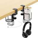 CABTE 2 in 1 Desk Cup Holder with Headphone Hanger Holder, Anti-Spill Clip-On Table Cup Hook with 360 Rotation for Lawn Chair, Office Home Gaming Table (1 Pack)