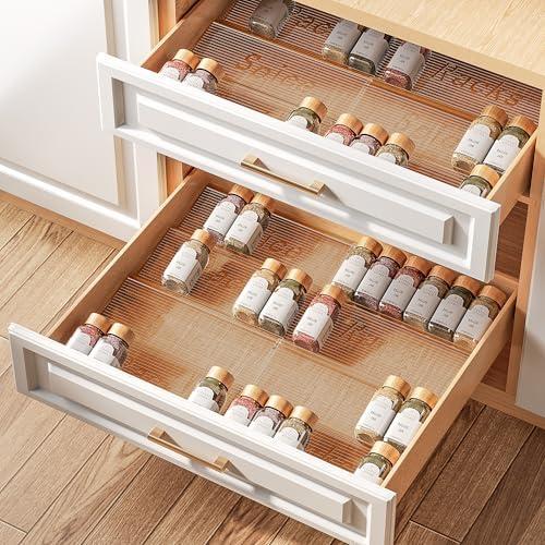 PanPanPal Packs Spice Drawer Organizer, 2-Tier Acrylic Drawer Seasoning Organizer, Expandable From 11'' to 22'' Kitchen Spice Rack Organizers and Storage for Drawer (Jars not included), Amber, 4 Pieces