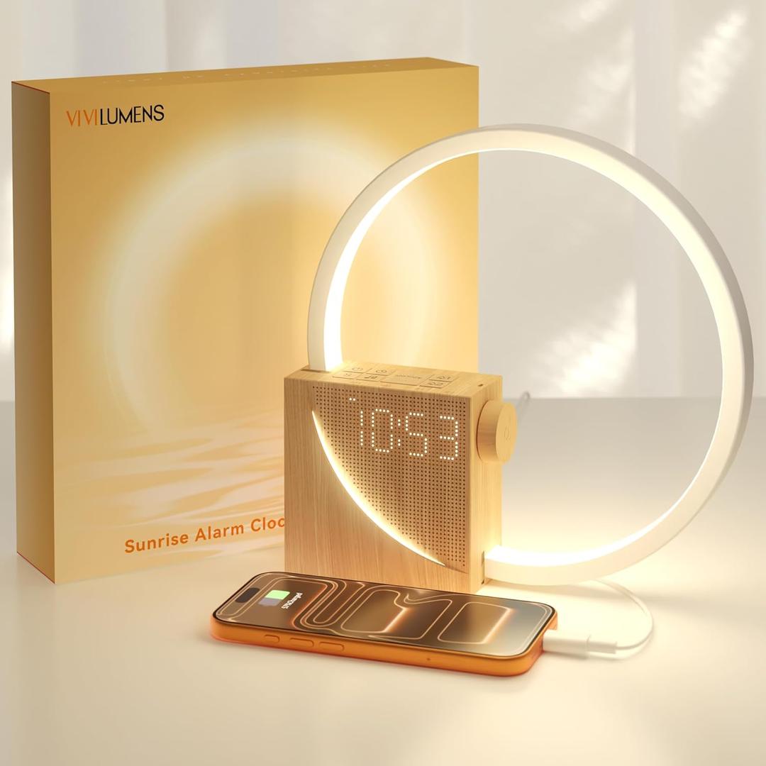 Vivilumens Sunrise Alarm Clock Sound Machine Nightlight, Gradual Wake Up Light, Digital Dimmable Clock, 10 White Noise Sleep Sounds, Snooze, Dual Clocks for Heavy Sleeper Adult, Decor Gifts for Women (New Wood Grain)