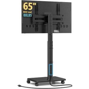 AX WABER Mobile TV Stand with Power Outlets, Floor Portable TV Stand with Wheels for 27-65Inch LCD LED OLED Flat/Curved Panel Screen TVs, Swivel,Height Adjustable&Wood Base, RollingTV Cart Black