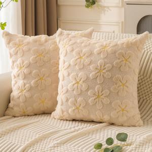 DFXSZ Summer Pillow Covers 18x18 inch Set of 2 Begie Daisy Yellow Flower Heart Soft Plush Faux Fur Jacquard Throw Pillow Covers for Bedroom Sofa Spring Summer Holiday Home Decor PTK036C18