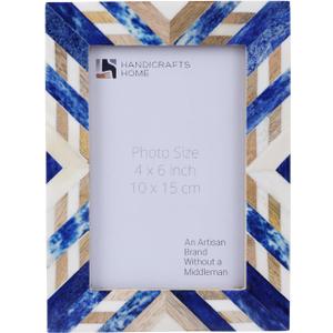 Handicrafts Home 4x6 Bone & Wood Picture Frame, Blue White Chevron Decorative Photo Frame for Tabletop or Wall Display, Coastal Modern Living Room Bedroom Vintage Inspired Home Decor