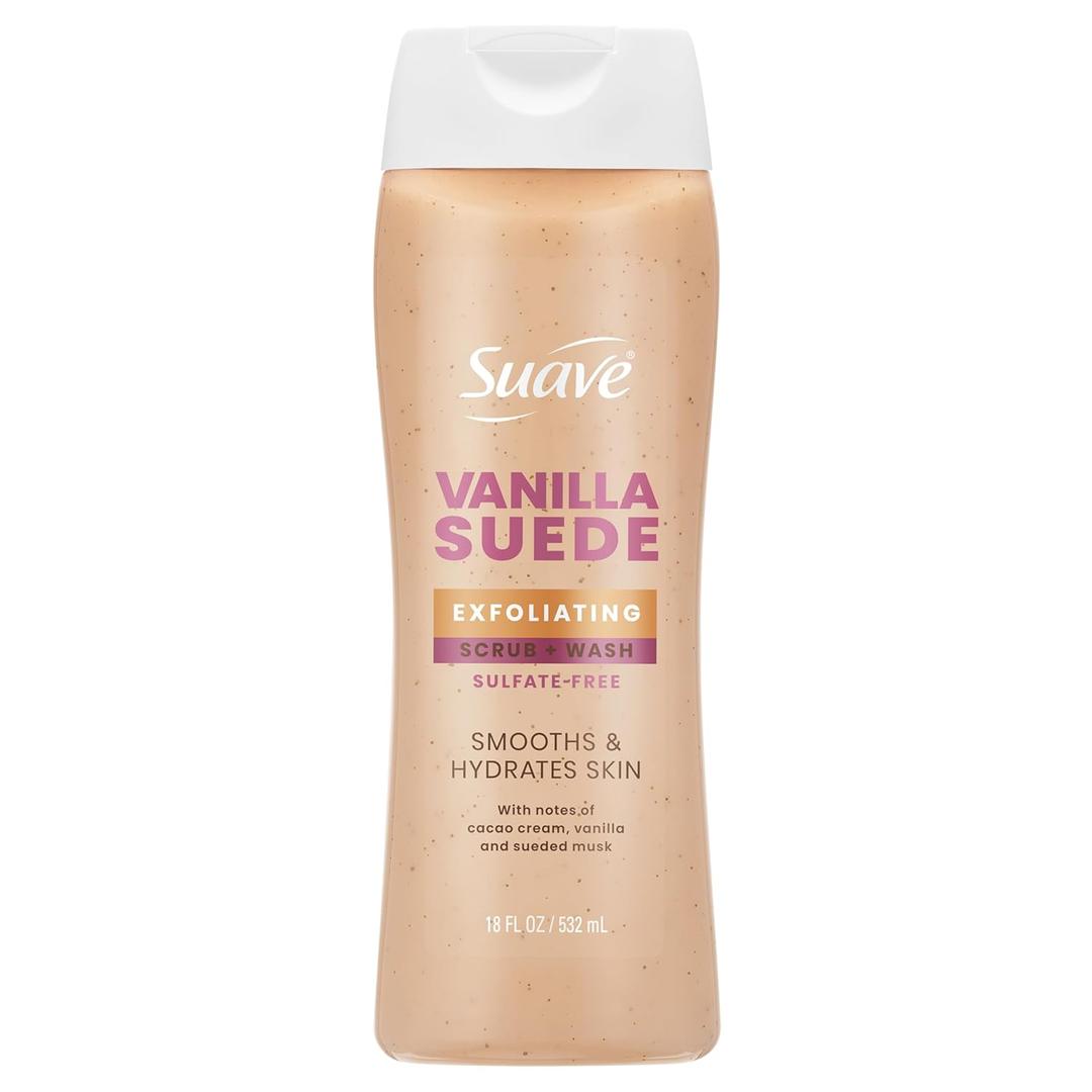 Suave Vanilla Suede Exfoliating Body Wash & Scrub with Glycerin & Vitamin E, Sulfate-Free Hydrating Cleanser for Soft, Smooth Skin, 18 FL OZ
