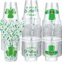Patelai 90 Pcs St Patrick's Day Shamrock Cups with Lids and 90 Pcs Shamrock Paper Straws, Disposable Happy St Patrick's Day Clear Plastic Cups for Beer Beverage Coffee Ice Cream