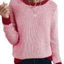 Sidefeel Women's Long Sleeve Pullover Sweaters Casual Crewneck Chunky Knit Color Block Jumper Tops (Large, Red Dahlia)