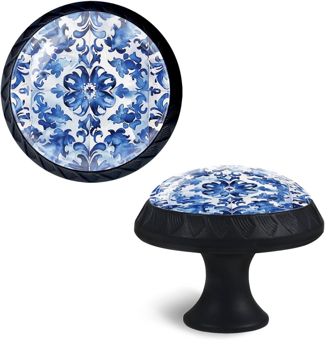 Cabinet Knobs Crystal,White Tiles Adorned with Blue Floral Swirls Mushroom Drawer Hardware Cabinet Pulls for Home Decor,Dressers,Kitchens Bathroom with Screw 4 Pack