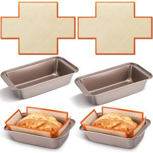 4 Pcs Loaf Pan with Liners Set 9 x 5 Inch Non-stick Bread Pan and Silicone Loaf Liners for Homemade Baking Carbon Steel Rectangular Baking Tray for Kitchen Sourdough Sandwich Home(Gold)