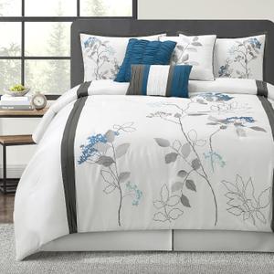 LANCO MODERN LIFESTYLE White Queen Comforter Set, 7 Pieces Bed in a Bag, Elegant Floral Leaves Embroidery, Soft and Lightweight All Seasons Bedding Set, Bedskirt, Pillow Shams, Decor Pillows