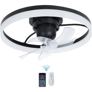 20" Black Ceiling Fan with Light and Remote - Smart 360° Rotating Ceiling Fan, Adjustable 3000-6500K Color Temperature, 6 Speed Settings 