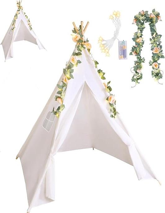Kigley Teepee Tent for Kids Indoor Kids Teepee White Cotton Linen Play Tent with 6.6 Ft Pink Fake Rose Vine Artificial Garland 10 Ft Battery Operated String Lights for Girl and Boy Room Decor(2 Sets)