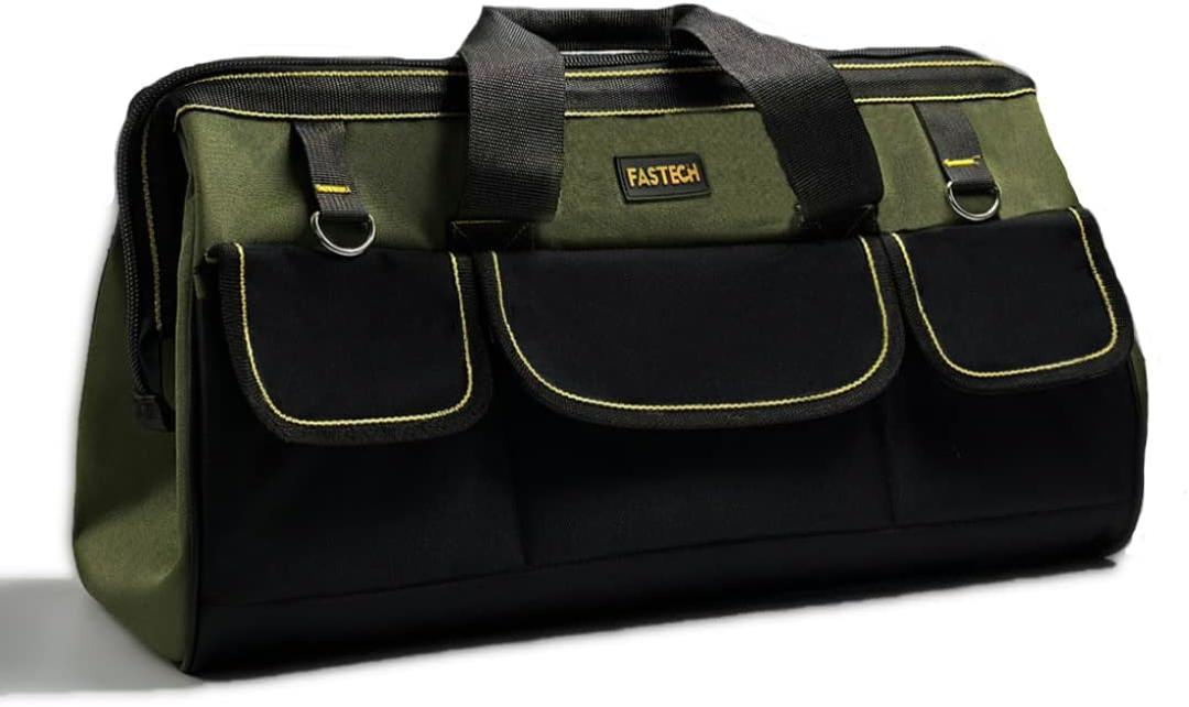 FASTECH 20-inch Wide Mouth Tool Bag with Water Proof Molded Base, Wide Mouth Tool Tote Bag, Waterproof Tool Organizer Bag for Men with Adjustable Shoulder Strap(No Bottom Shell)