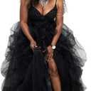 Qmker Women's Long Maxi Tulle Weddingdress A Line Floor Length Special Occasion Bustle Night Out fold Layered High Waist Half-Dress Split Princess Black Tutu Skirt Large