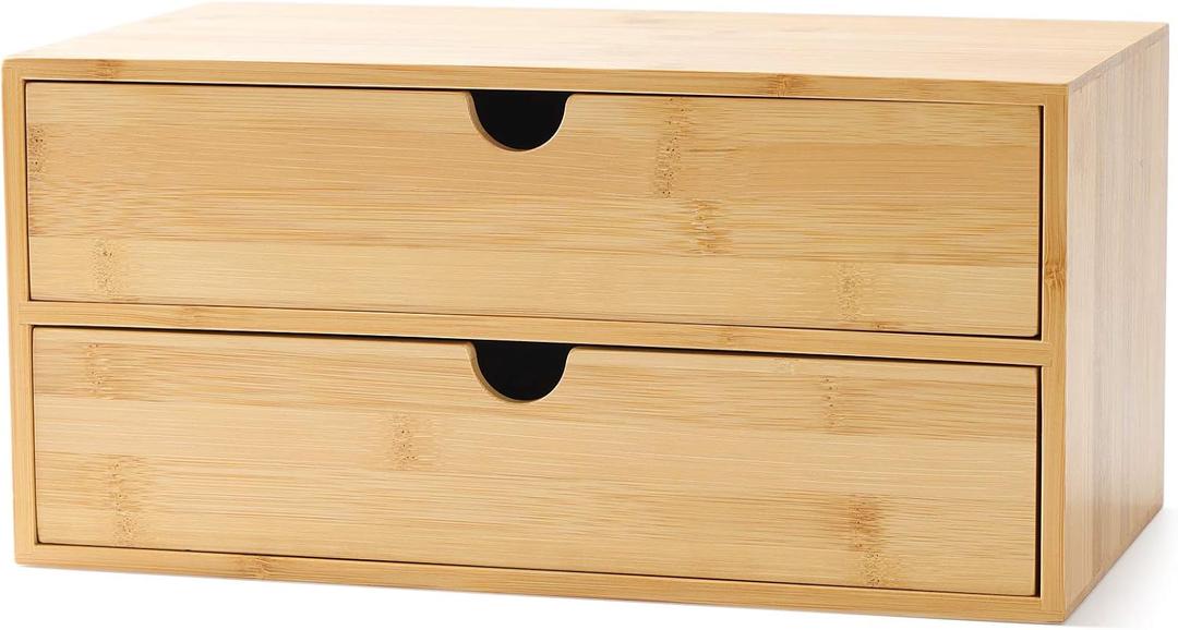 Wisuce Bamboo Desk Drawer Organizer, Desktop Organizer with Drawers Tabletop Storage Organization Box for Office Home Toiletries Supplies Vanity, No Assembly Required(2 Drawers)