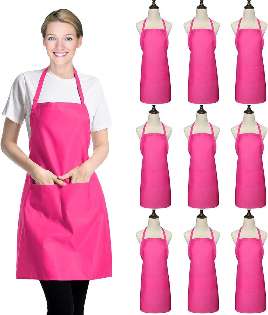 9 Pack Pink Apron for Women Adult Girls Ladies with Pockets - Bib Kitchen Aprons Bulk for Cooking Painting BBQ Grilling Baking (9 Pack, Pink)