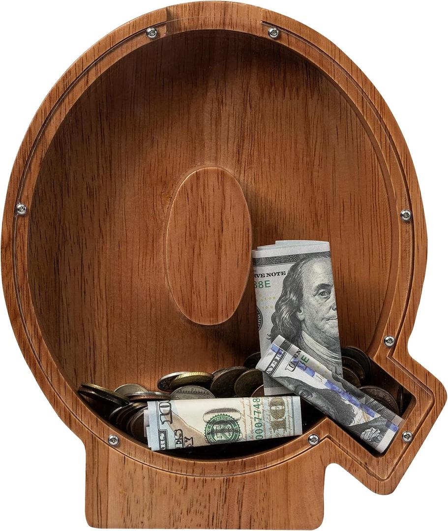 Ladenk 12 Inch Extra Large Wooden Kids Letter Piggy Bank - Piggy Bank for Boys Girls - Initial Q Bank - Alphabet Money Bank for Birthday