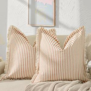 ZWJD Throw Fall Pillow Covers 20x20 Set of 2 Striped Pillow Covers with Fringe Chic Cotton Decorative Pillows Square Cushion Covers for Sofa Couch Bed Living Room Farmhouse Decor (Burnt Orange)