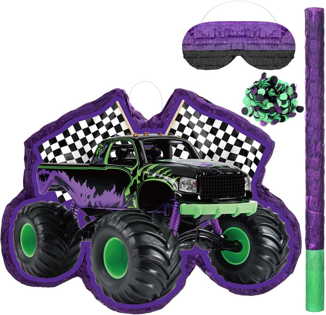 Green and Purple Truck Piata of Monster Piata Race Car Bundle with a Blindfold and Confetti Birthday Party Supplies Small Racing for Construction Party Favors Decor