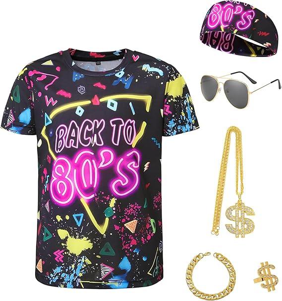 Lainvenor 80s 90s Outfits for Boys 5 Pcs Hip Hop Rapper Accessories Kids Colorful T Shirt Costume for Cosplay Theme Party (Size 150)