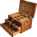 Wooden Jewelry Box with Lock and Key for Women, 2 Drawers Medium Size Real Natural Wood Lockable Antique Organizer with Large Storage, Ring Compartments, Built in Necklace Hooks (Brown)