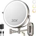 ZLOKLA 9" Wall Mounted Lighted Makeup Mirror,4000mAh Rechargeable Double Sided 1X/30X Magnifying Mirror with Light,Touch Dimmable,Extended Arm 360 Rotation Wall Mounted Makeup Mirror 3 Color Lights-N
