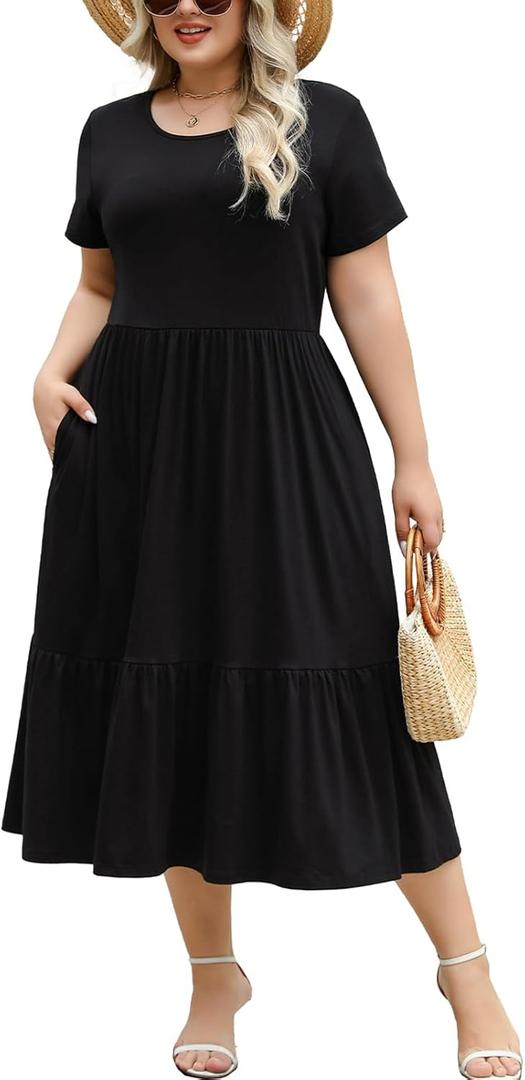 Women's Plus Size Midi Casual Dress with Pockets 1X-4X Tiered Short Sleeve Relax Fit Crewneck Summer Dresses (XX-Large Plus, Black)