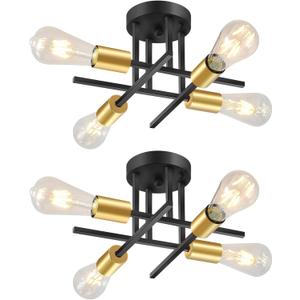 EGM Black & Gold Sputnik Ceiling Light Fixture, 4-Light Modern Flush Mount Ceiling Light with E26 Bulb Base, Close to Ceiling Lights for Dining Room Hallway Living Room Kitchen (2 Pack)