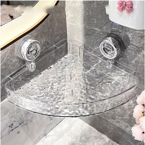 Corrugated Suction Cup Storage Holder Corner Shower Caddy Large Organizer Bathroom Shelf Clear Acrylic Shower Tray Shelves Inside Floating Shower Wall Shelf Bath Basket Rack Heavy Duty (Corner-Clear)