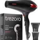 TREZORO Professional Hair Dryer, Ionic Ceramic Tourmaline Technology, 2000W Fast Quiet Drying, with Narrow & Wide Concentrator Nozzles, 3 Heat & 2 Speed Settings, Cool Shot Button, Black