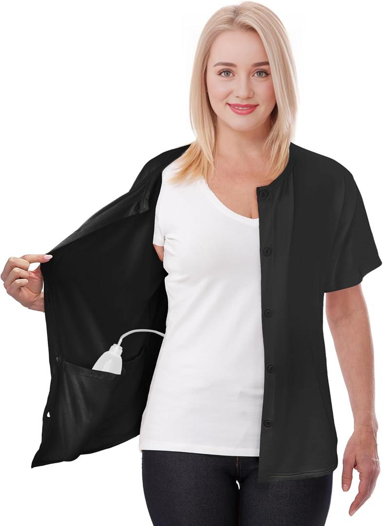 Post Mastectomy Shirt with Drain Pockets Breast Cancer Tummy Tuck Recovery Half Sleeves Top (X-Large, Black)