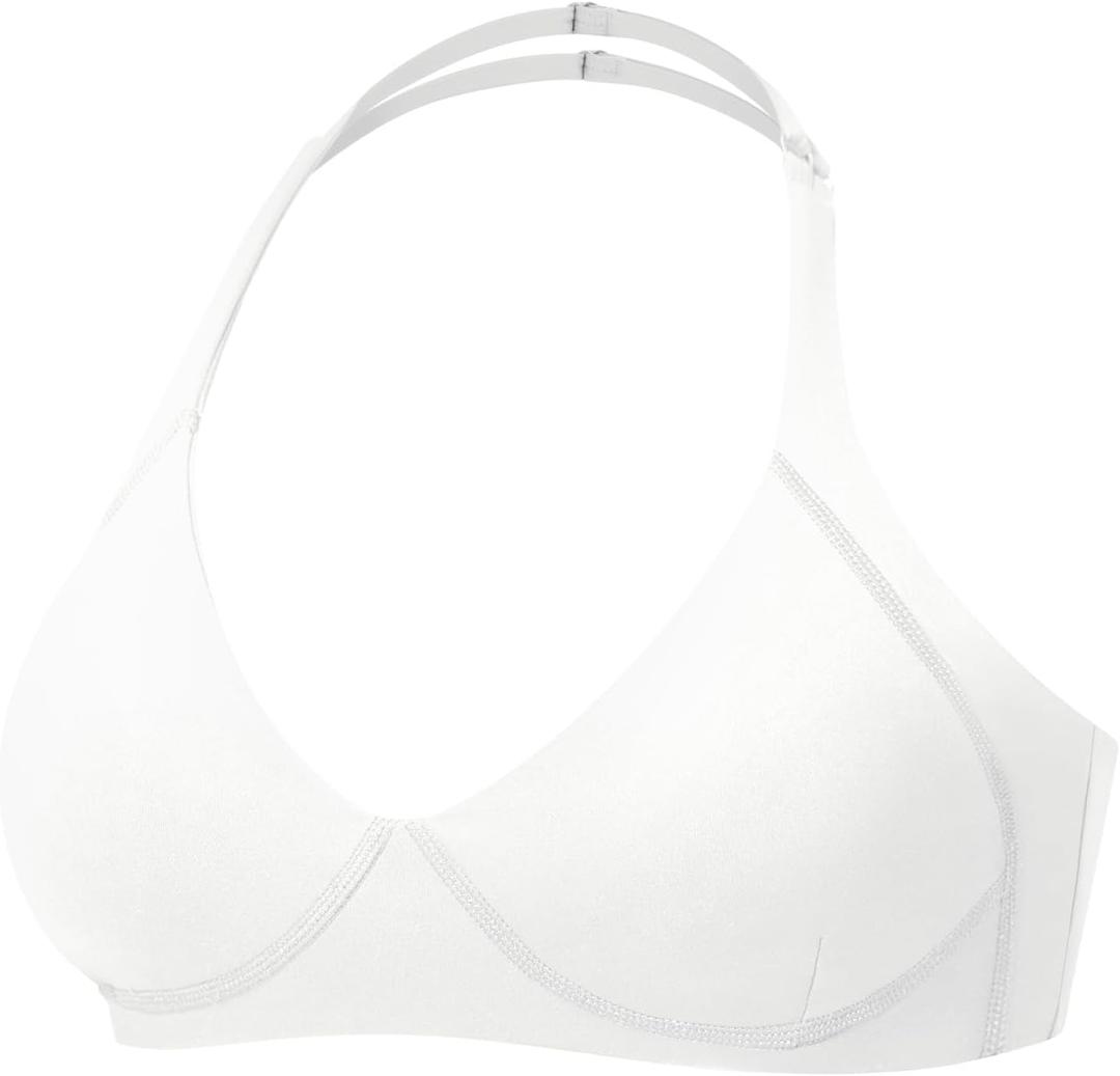 YEOREO Women Halter Sports Bra Light Support V Neck Padded Strappy Open Back Workout Gym Tops (Medium, White)