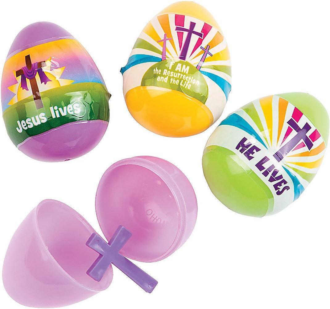 Fun Express - He Lives Plastic Eggs W/Crosses for Easter - Party Supplies - Pre - Filled Party Favors - Pre - Filled Plastic Containers - Easter - 12 Pieces