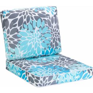 JMGBird Outdoor Chair Cushions Set - 19"x19" Tufted Seat & Back Cushions, Water-Resistant UV-Treated Polyester for Patio Furniture (Light Blue With White)