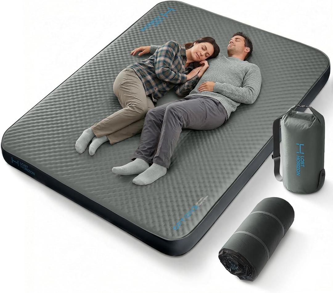 LOSTHORIZON Air & Foam Camping Mattress, Self-Inflating Sleeping Pad, 4.5" Thick, with Air Pump, Queen, Gray