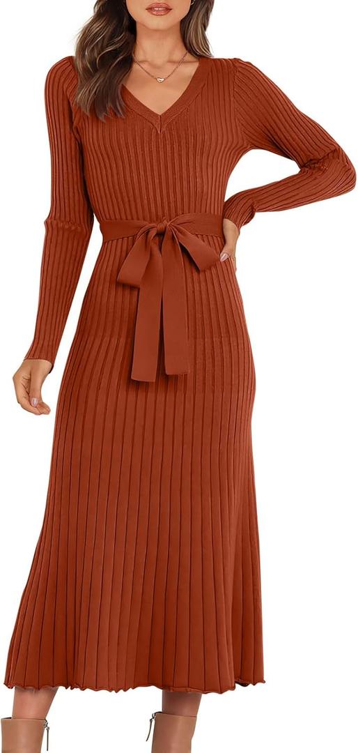 ANRABESS Womens Long Sleeve Fall Dress 2025 V Neck A-line Tie Waist Ribbed Knit Bodycon Midi Sweater Dresses Rust Small
