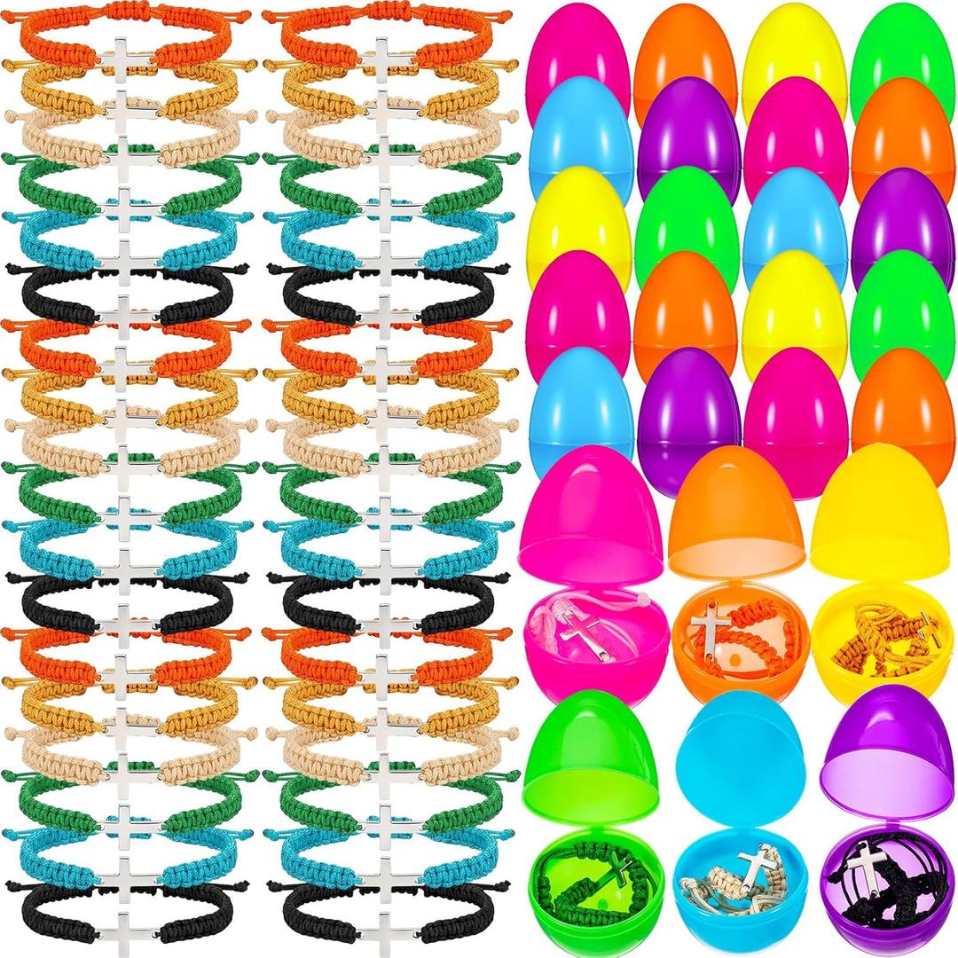 Highergo 24 Set Easter Eggs Pre Filled with Jesus Bracelets Bulk Christian Gifts for Men Easter Basket Stuffers for Dad Husband Men Adult Gifts Egg Hunt Party Favors