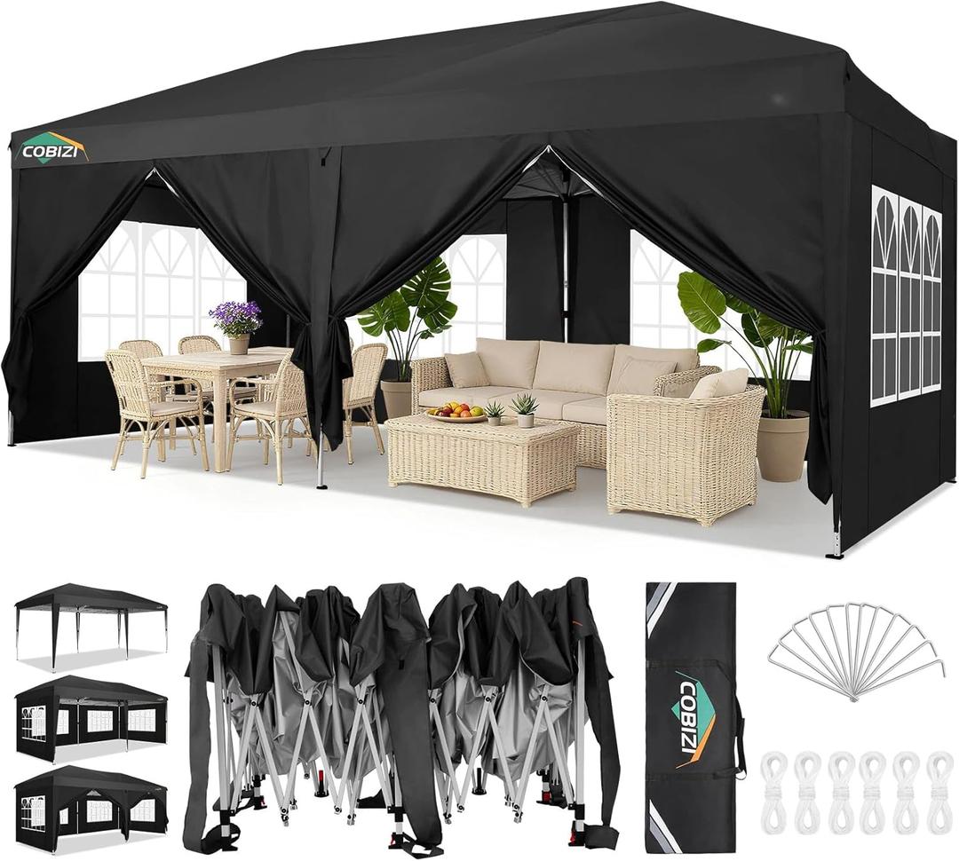 COBIZI Canopy 10x20 Pop Up Canopy Tent with 6 Sidewalls Party Tents for Parties Weddings Backyard Waterproof Outdoor Commercial Event Tent with Stakes, Ropes, Black
