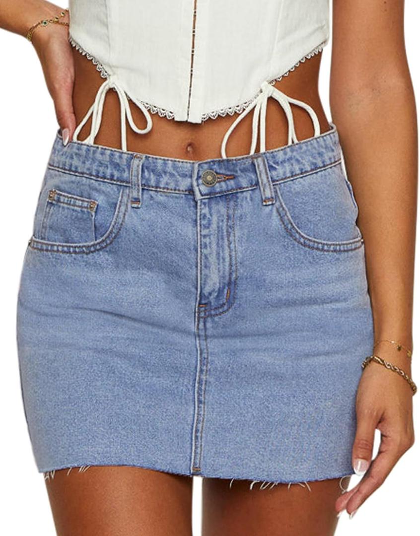 KDF Women's Denim Skirt with Shorts Trendy Denim Skort Jean Skirt with Raw Hem & Pocket (Blue)