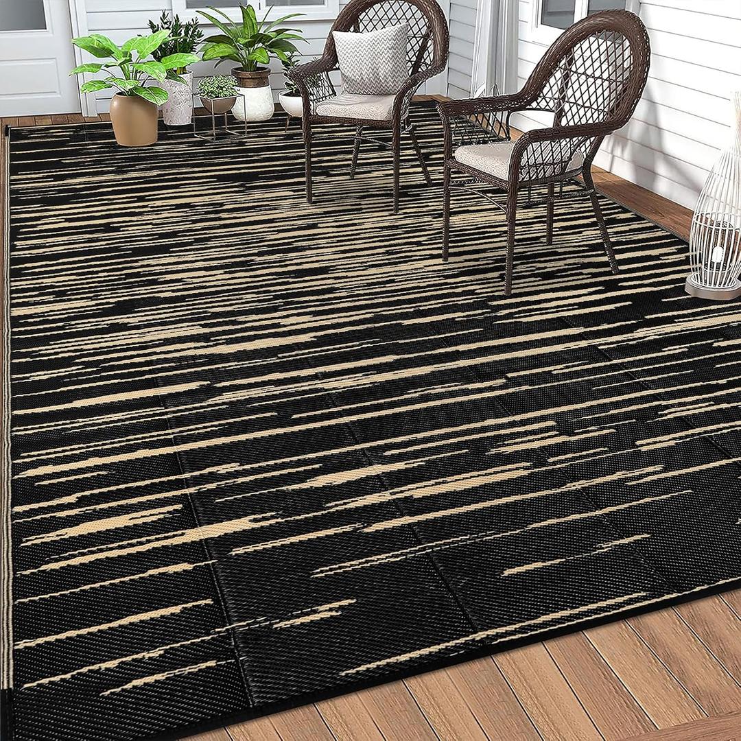 HEBE Outdoor Rug 5'x8' for Patios Clearance Waterproof Patio Mat Plastic Straw Rug Reversible RV Camping Tent Rug Outside Indoor Outdoor Area Rugs for RV,Deck,Beach,Balcony,Camper (Stripe/Black)
