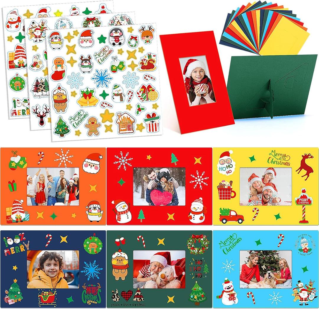 Glenmal 60 Set Christmas Picture Frame Craft for Kids Christmas Photo Frame with Stickers Santa Snowman Reindeer Xmas Craft DIY Picture Kit for Children Xmas Home Classroom Party Activity