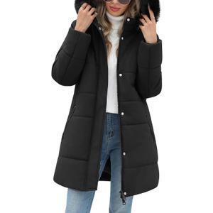 Women's Thicken Puffer Coat Winter Warm Fleece Quilted Jacket Padded Parka Coat with Removable Hood (Black, Small)