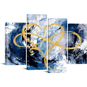 iHAPPYWALL 4 Panel Infinity Heart Canvas Wall Art Abstract Eternal Love Geometric Blue and Gold Picture Artwork for Bedroom Living Room Home Decor Ready to Hang (Blue)
