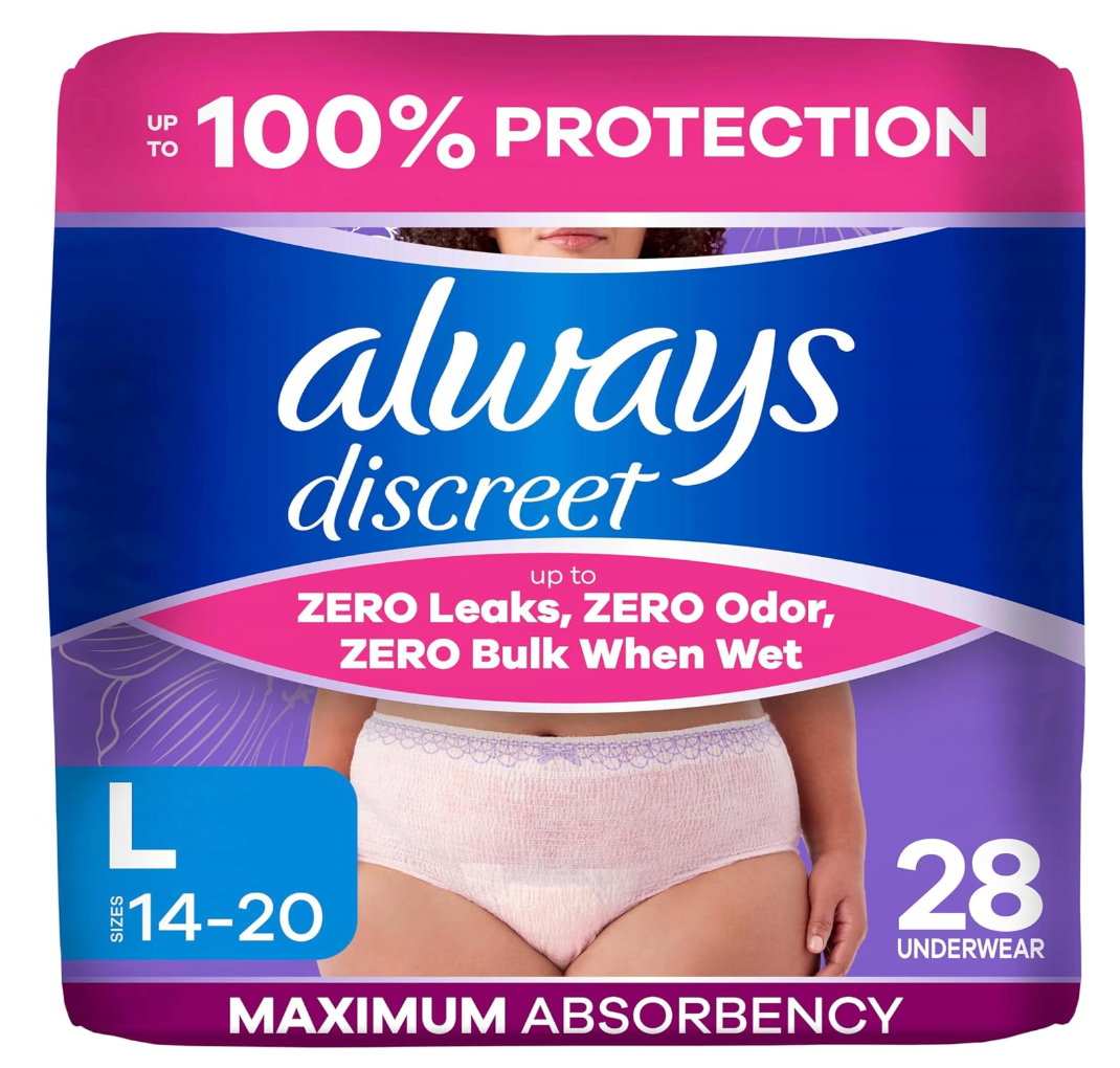 Always Discreet Adult Diapers for Women, Incontinence Underwear, Postpartum Essentials, Disposable Briefs, Max Absorbency, Bladder Leak Protection, Large, 28ct