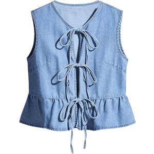 SHENHE Women's Y2k Tie Front Denim Vest V Neck Ruffle Hem Sleeveless Peplum Jean Top Shirt M