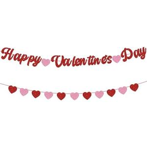 Adecortalk Happy Valentines Day Banner Glitter Valentines Banner Red Pink Heart Garland Decorations for Valentine's Day Wedding Anniversary Party Decorations
