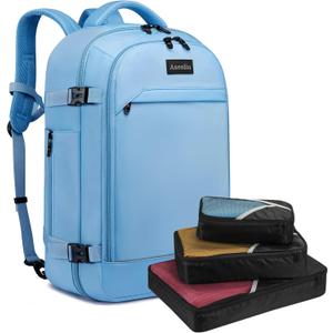 Asenlin 40L Travel Backpack for Women Men17 Inch Laptop Backpack Flight Approved Luggage Carry On Water Resistant for Weekender Overnight Large Daypack Light Blue (N-bluebackpack With 3 Packing Cubes)
