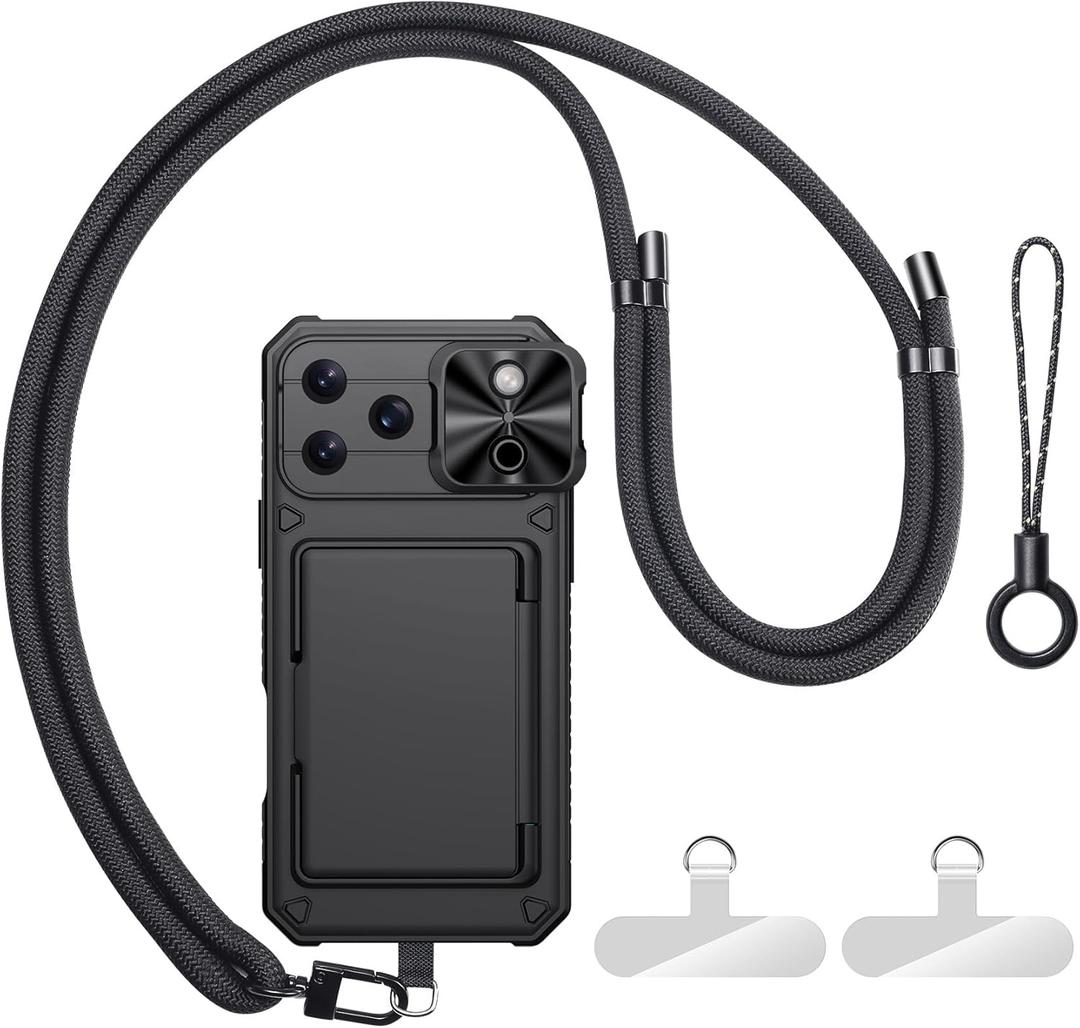 for iPhone 17 Pro Max Case Wallet with Strap, Crossbody Cell Phone Lanyard for Women Men, Card Holder, Slide Camera Cover, Military Grade Drop Proof, Heavy Duty Case for iPhone 17 Pro Max, Black