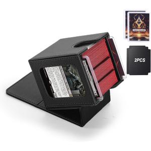 MTG Deck Box,Double Display Window,Commander Deck Box Fits 120+ Single Sleeved Cards,PU Leather Magnetic Closure Card Box with 2 Dividers&2 Toploaders for TCG,CCG,Black